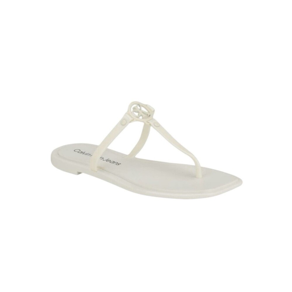 Calvin Klein Edhen T Strap Flat Sandals Patent Logo Flip Flops White 10 NEW